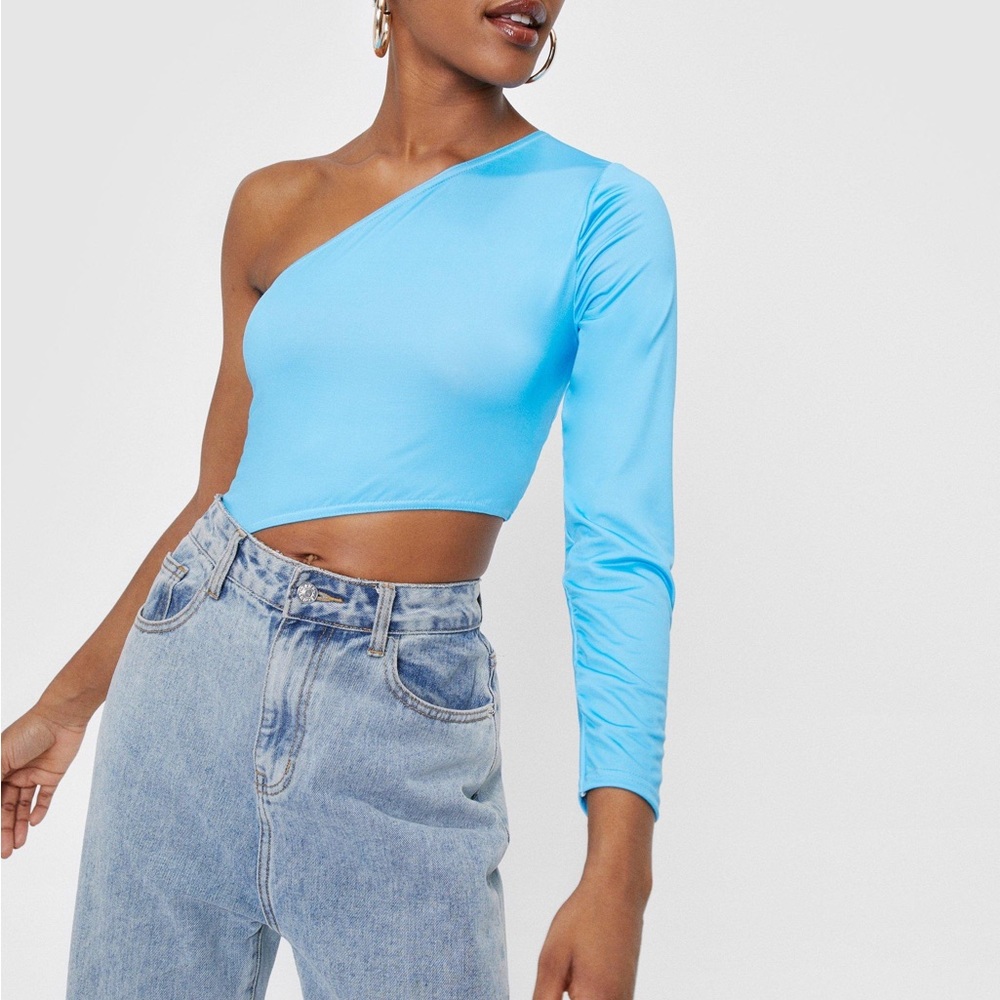 Blue one sleeve cutout bodysuit